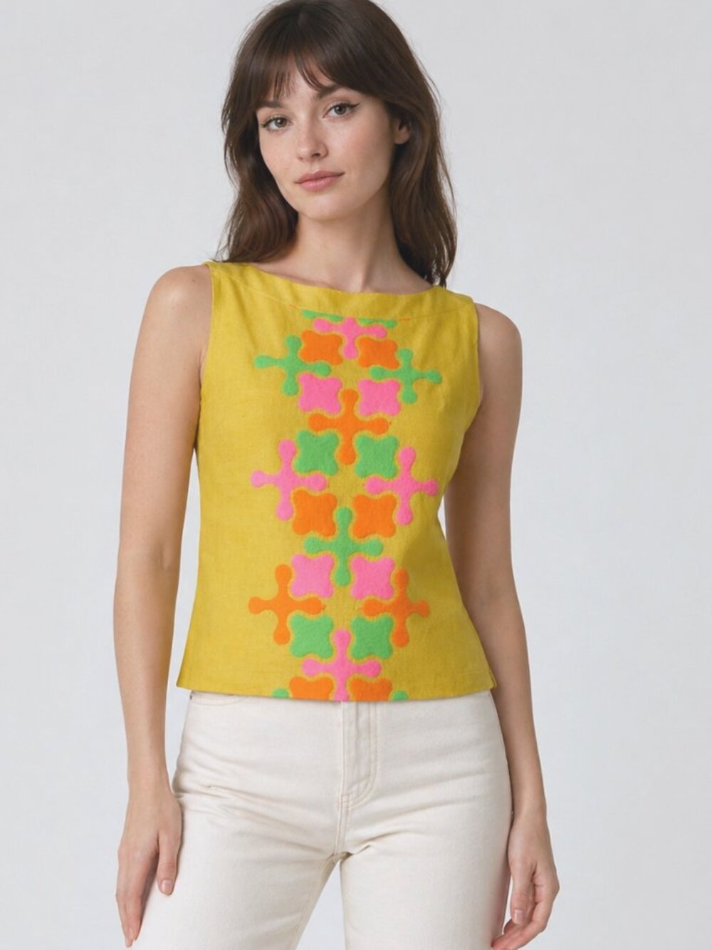 Vintage 1960s Sleeveless Top Yellow Geometric Mod MCM Embroidered Design
